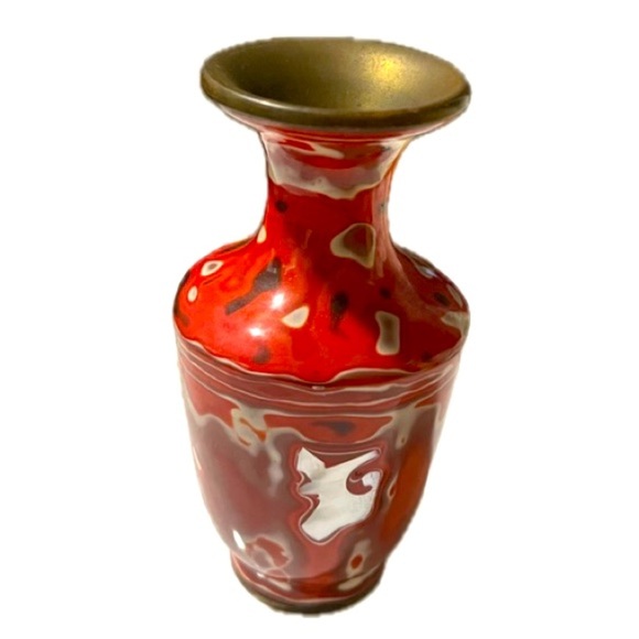 RARE RED WHITE SWIRLS CANTON ENAMEL WITH MOTHER OF PEARL INLAY VASE - Picture 1 of 5